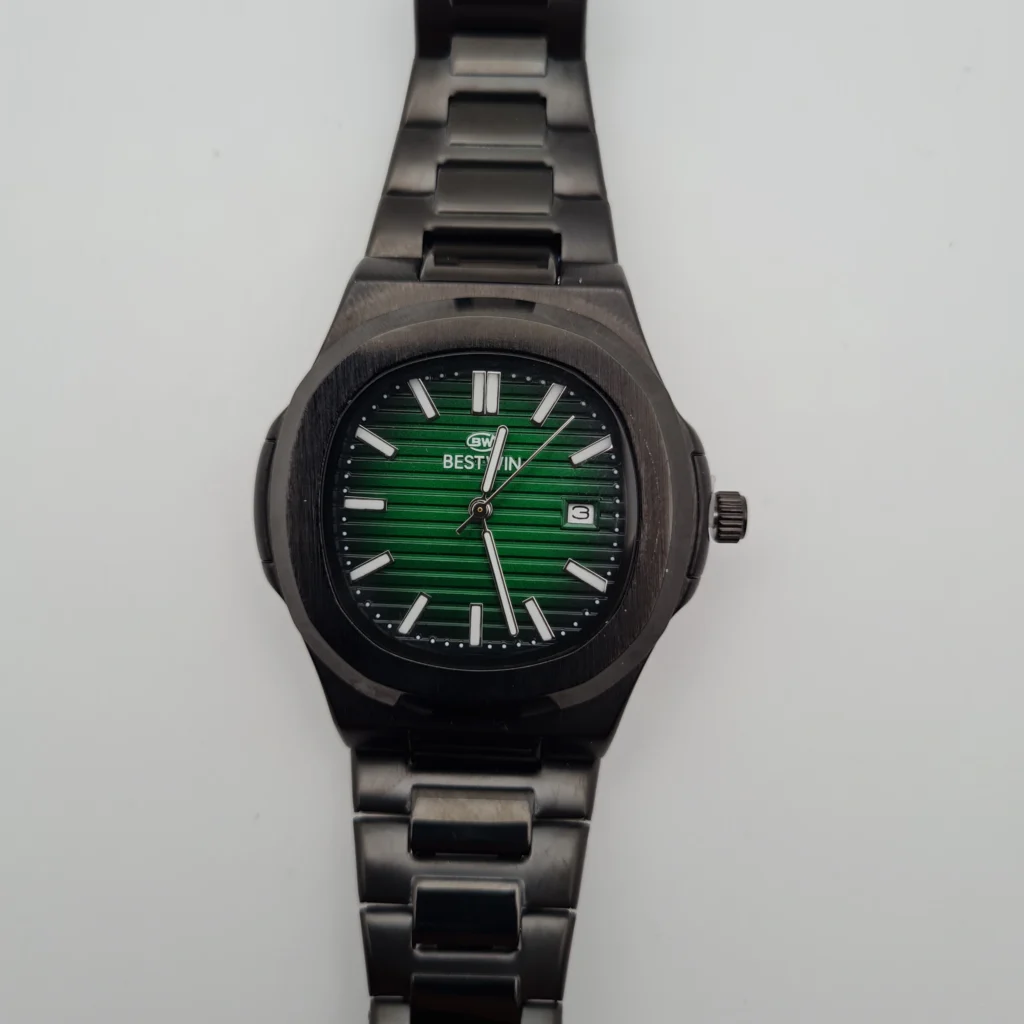 BESTWIN Original Men’s Luxury Watch Full Black Stainless Steel Emerald Green Sunburst Dial Waterproof Business & Casual Wristwatch-13