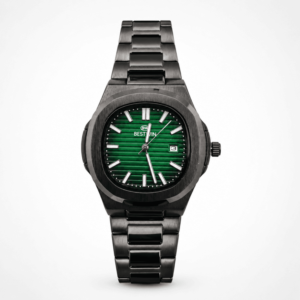 BESTWIN Original Men's Luxury Watch Full Black Stainless Steel Emerald Green Sunburst Dial Waterproof Business & Casual Wristwatch