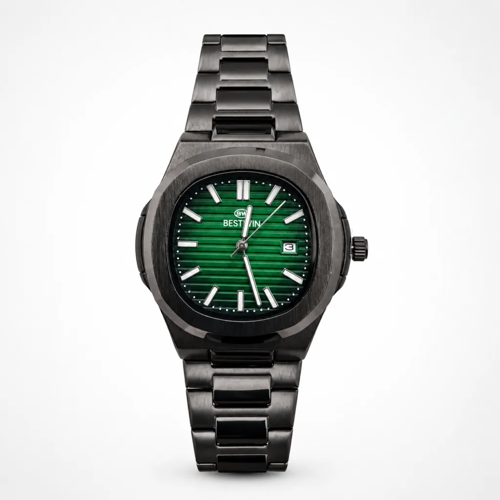 BESTWIN Original Men's Luxury Watch Full Black Stainless Steel Emerald Green Sunburst Dial Waterproof Business & Casual Wristwatch