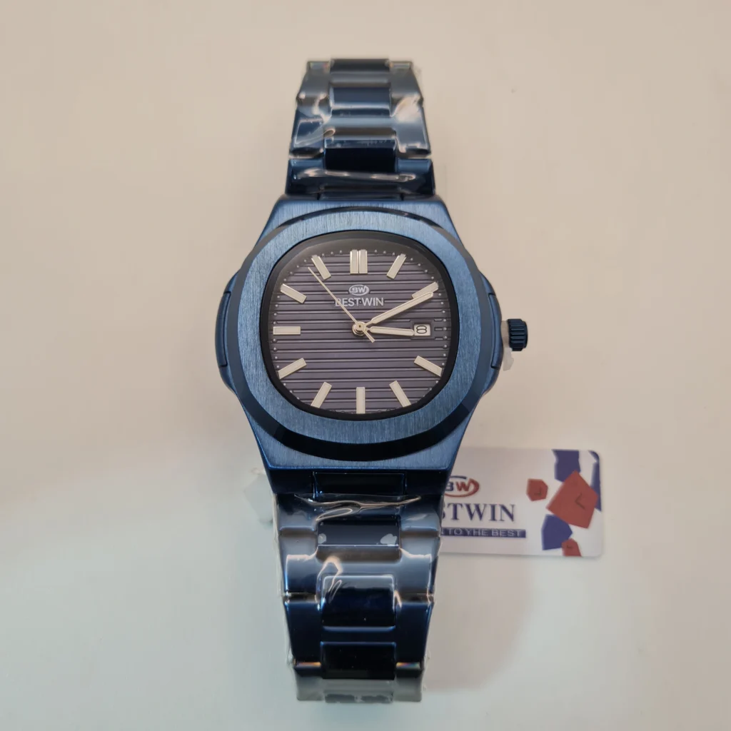 Bestwin Men’s Luxury Blue Nautical Edition Deep Blue Textured Dial Matching Blue Stainless Steel Body Modern Octagonal Design Water Resistant