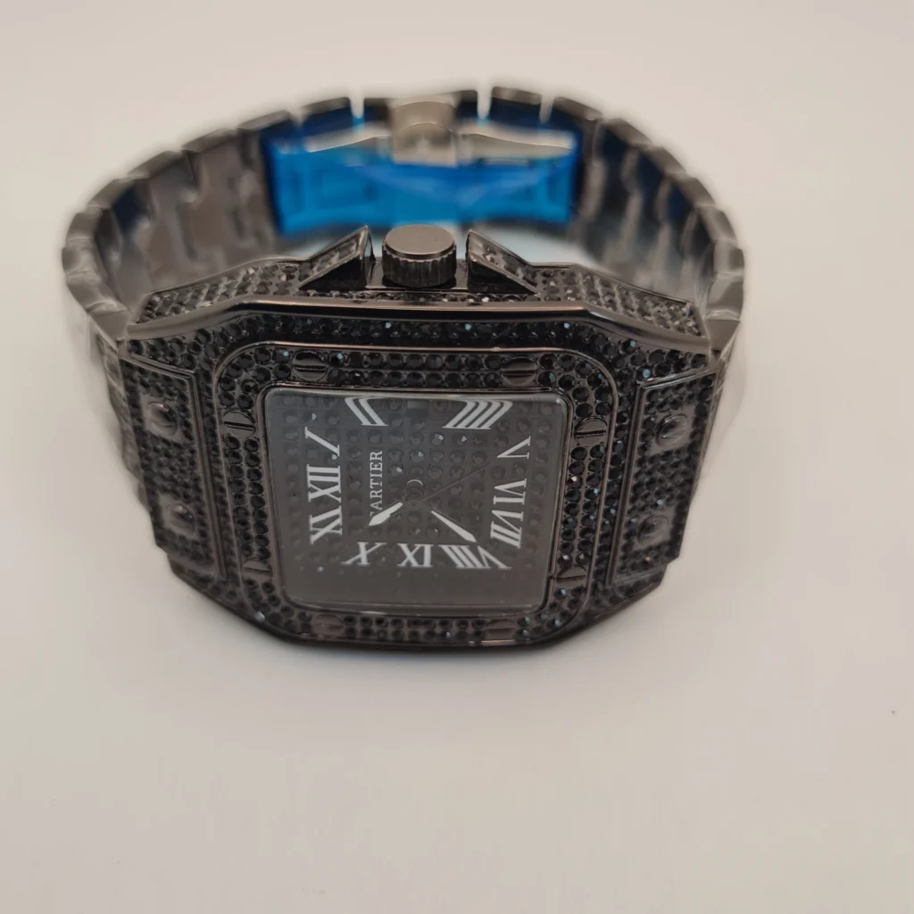 Cartier Santos-Inspired Iced Out Watch Full Black Diamond Studded Design Unisex Luxury Timepiece Water Resistant & Bold Style