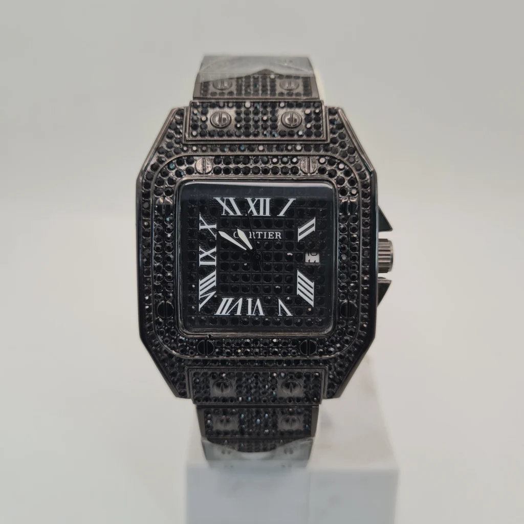 Cartier Santos-Inspired Iced Out Watch Full Black Diamond Studded Design Unisex Luxury Timepiece Water Resistant & Bold Style