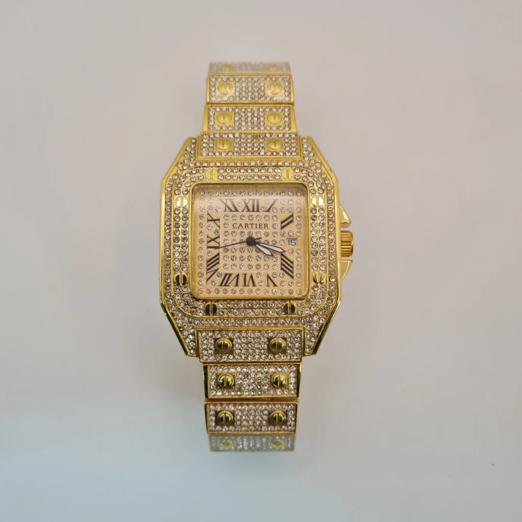 Cartier Santos-Inspired Luxury Watch Full Golden Iced Out Diamond Edition Unisex Statement Timepiece Water Resistant & Premium Build