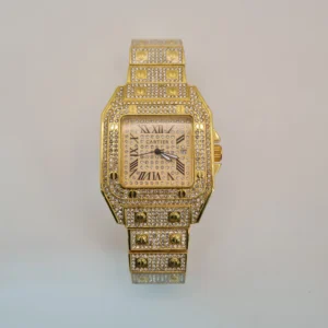 Cartier Santos-Inspired Luxury Watch Full Golden Iced Out Diamond Edition Unisex Statement Timepiece Water Resistant & Premium Build