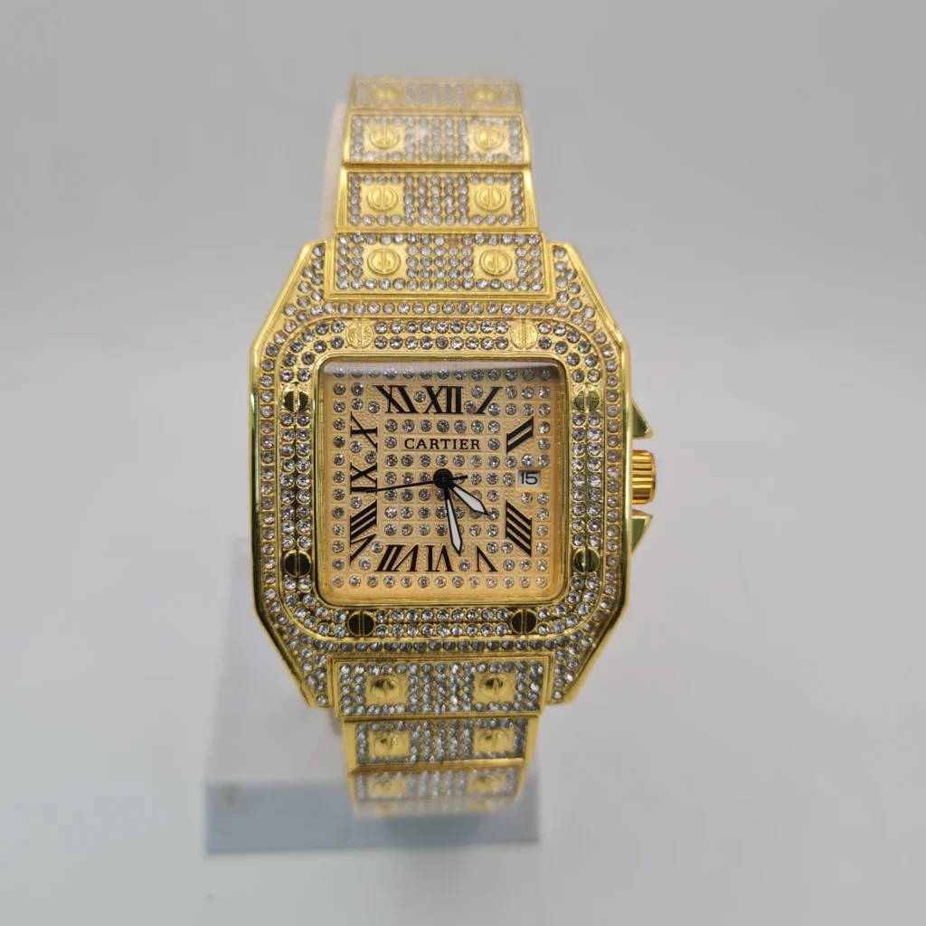 Cartier Santos-Inspired Luxury Watch Full Golden Iced Out Diamond Edition Unisex Statement Timepiece Water Resistant & Premium Build