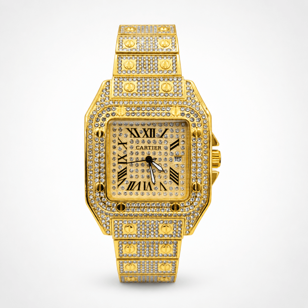 Cartier Santos-Inspired Luxury Watch Full Golden Iced Out Diamond Edition Unisex Statement Timepiece Water Resistant & Premium Build