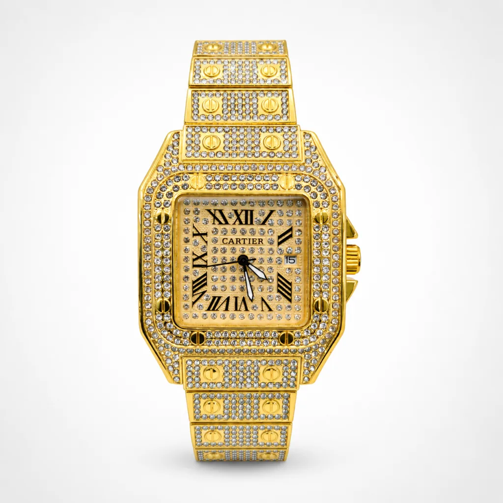 Cartier Santos-Inspired Luxury Watch Full Golden Iced Out Diamond Edition Unisex Statement Timepiece Water Resistant & Premium Build