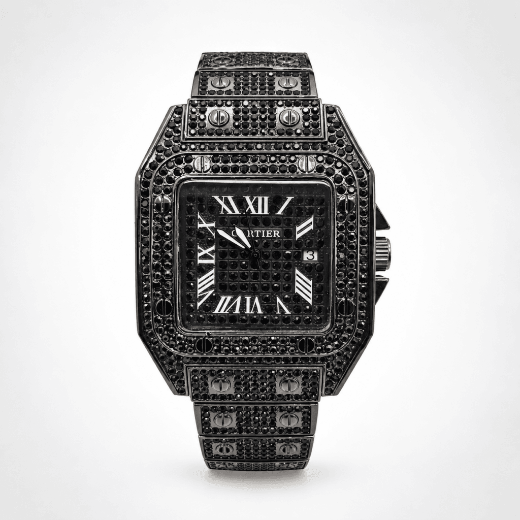 Cartier Santos-Inspired Iced Out Watch Full Black Diamond Studded Design Unisex Luxury Timepiece Water Resistant & Bold Style