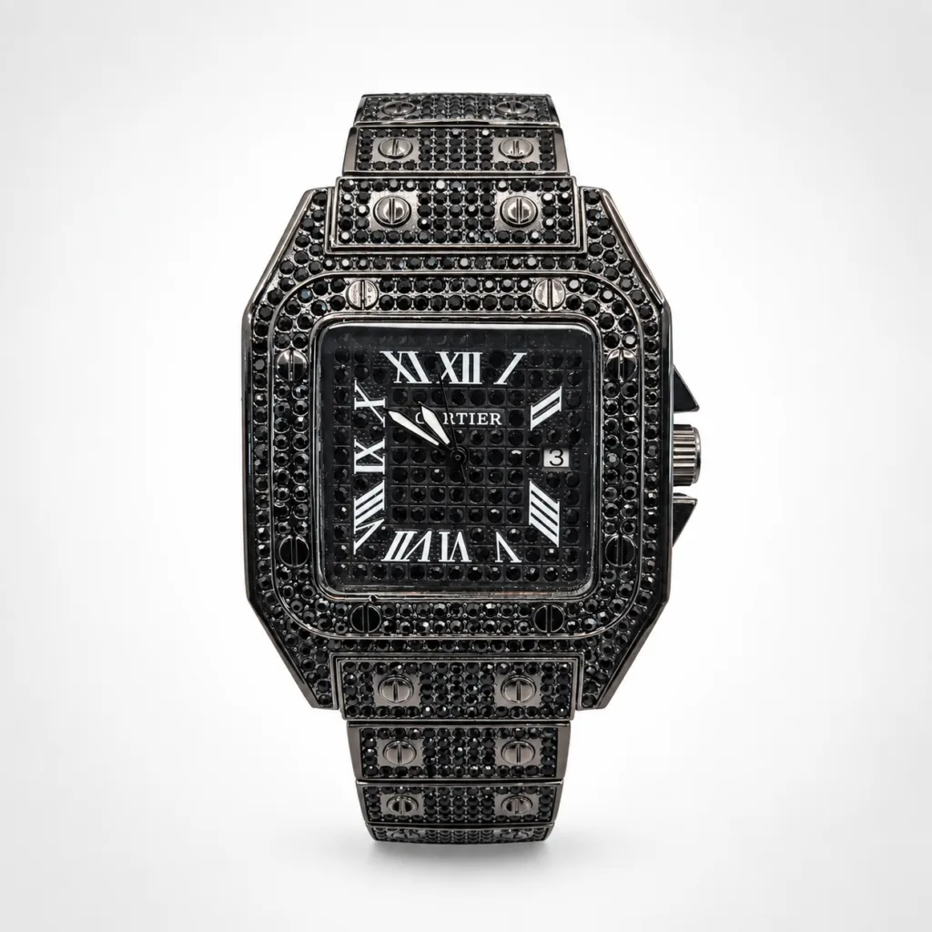 Cartier Santos-Inspired Iced Out Watch Full Black Diamond Studded Design Unisex Luxury Timepiece Water Resistant & Bold Style
