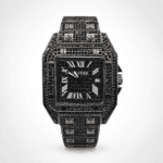 Cartier Santos-Inspired Iced Out Watch Full Black Diamond Studded Design Unisex Luxury Timepiece Water Resistant & Bold Style