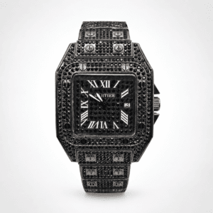 Cartier Santos-Inspired Iced Out Watch Full Black Diamond Studded Design Unisex Luxury Timepiece Water Resistant & Bold Style