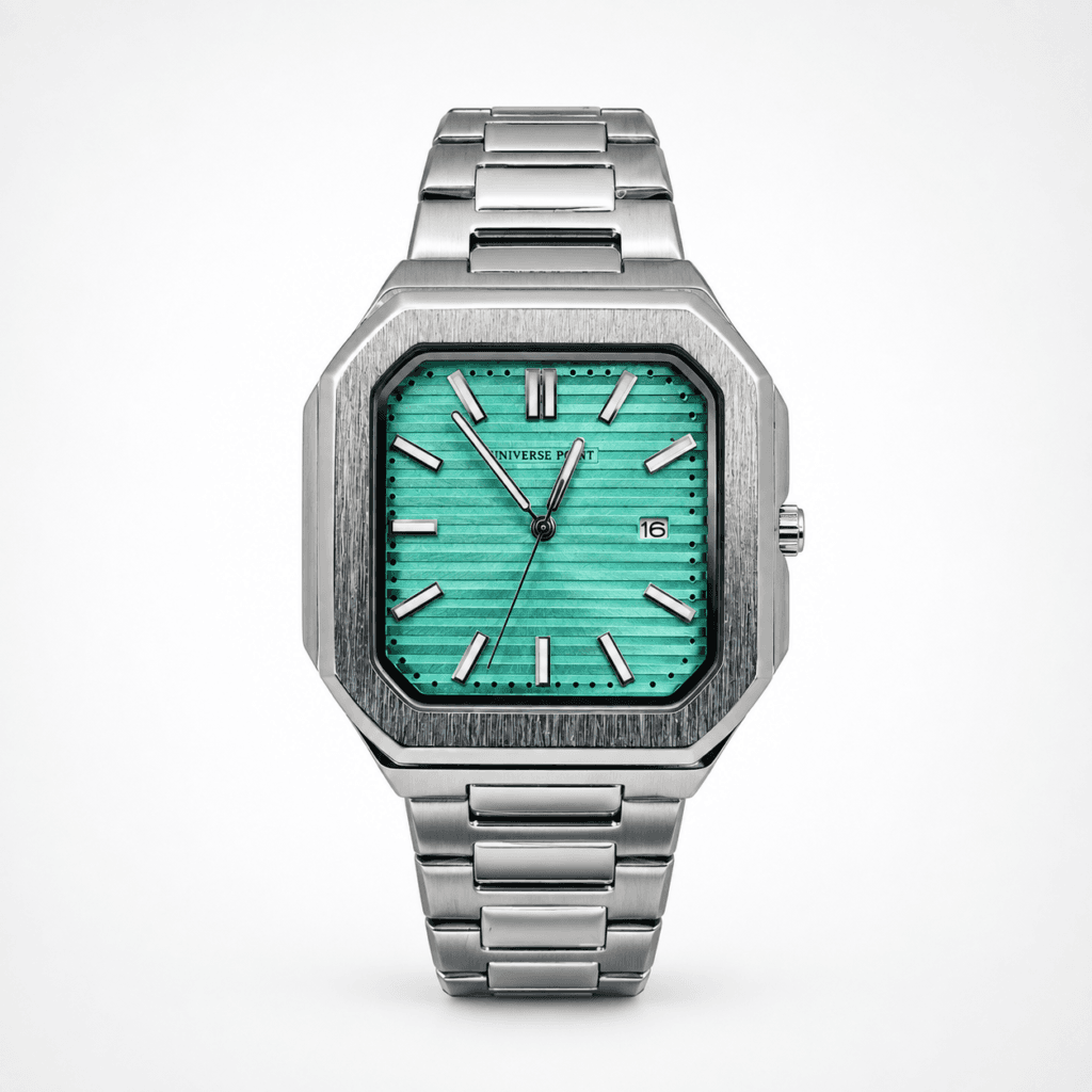 Universe Point Men’s Square Luxury Watch Tiffany Blue Dial Polished Silver Stainless Steel Modern Geometric Design Water Resistant
