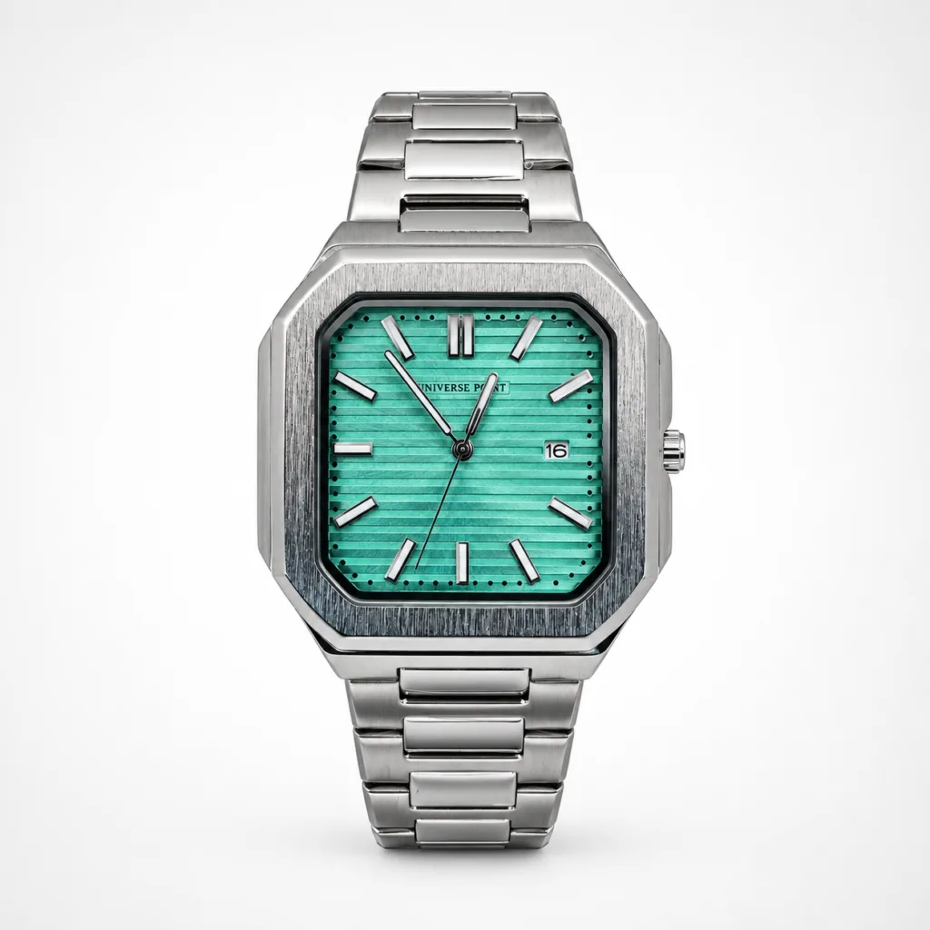Universe Point Men’s Square Luxury Watch Tiffany Blue Dial Polished Silver Stainless Steel Modern Geometric Design Water Resistant