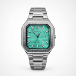 Universe Point Men’s Square Luxury Watch Tiffany Blue Dial Polished Silver Stainless Steel Modern Geometric Design Water Resistant