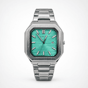 Universe Point Men’s Square Luxury Watch Tiffany Blue Dial Polished Silver Stainless Steel Modern Geometric Design Water Resistant