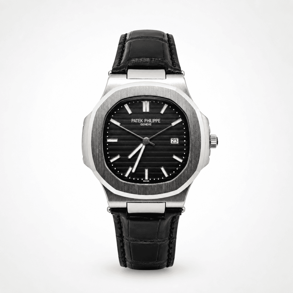 Patek Philippe Geneve Nautilus Edition Black Dial with Premium Black Leather Strap