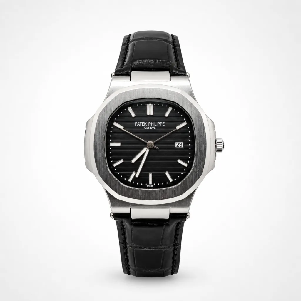 Patek Philippe Geneve Nautilus Edition Black Dial with Premium Black Leather Strap