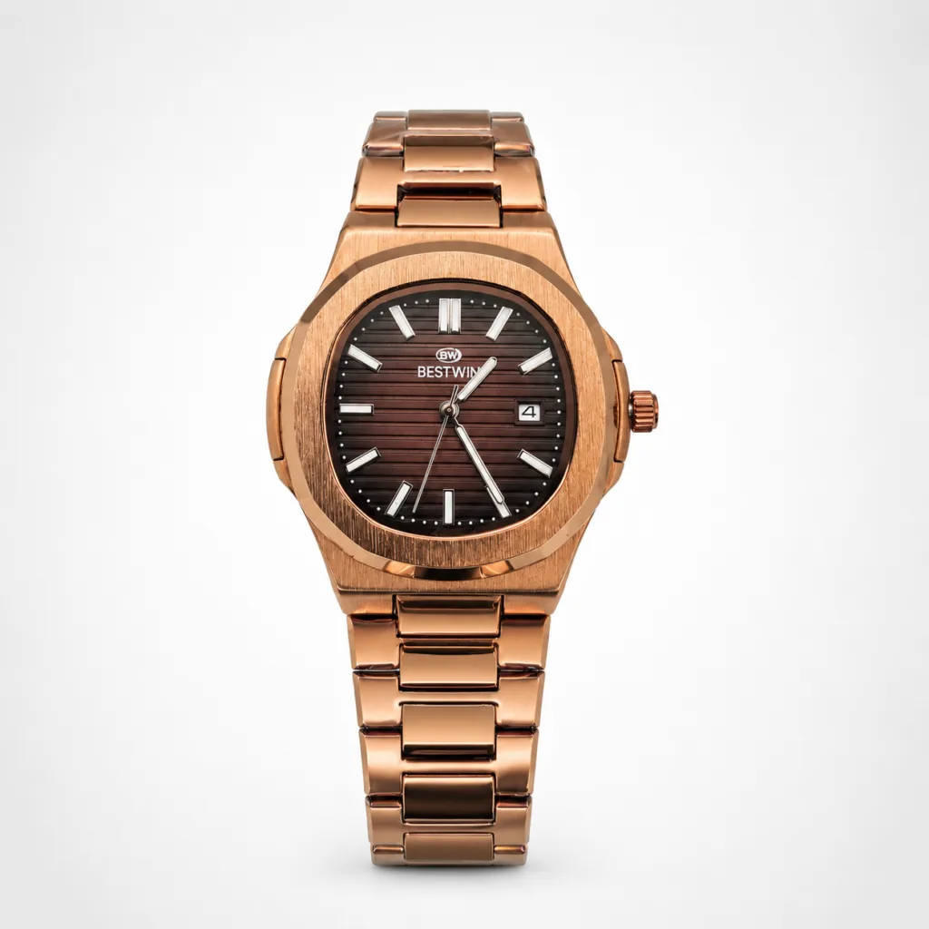 Bestwin Men’s Luxury Copper Edition Watch Dark Brown Textured Dial Premium Stainless Steel Body Elegant Nautical Design Water Resistant