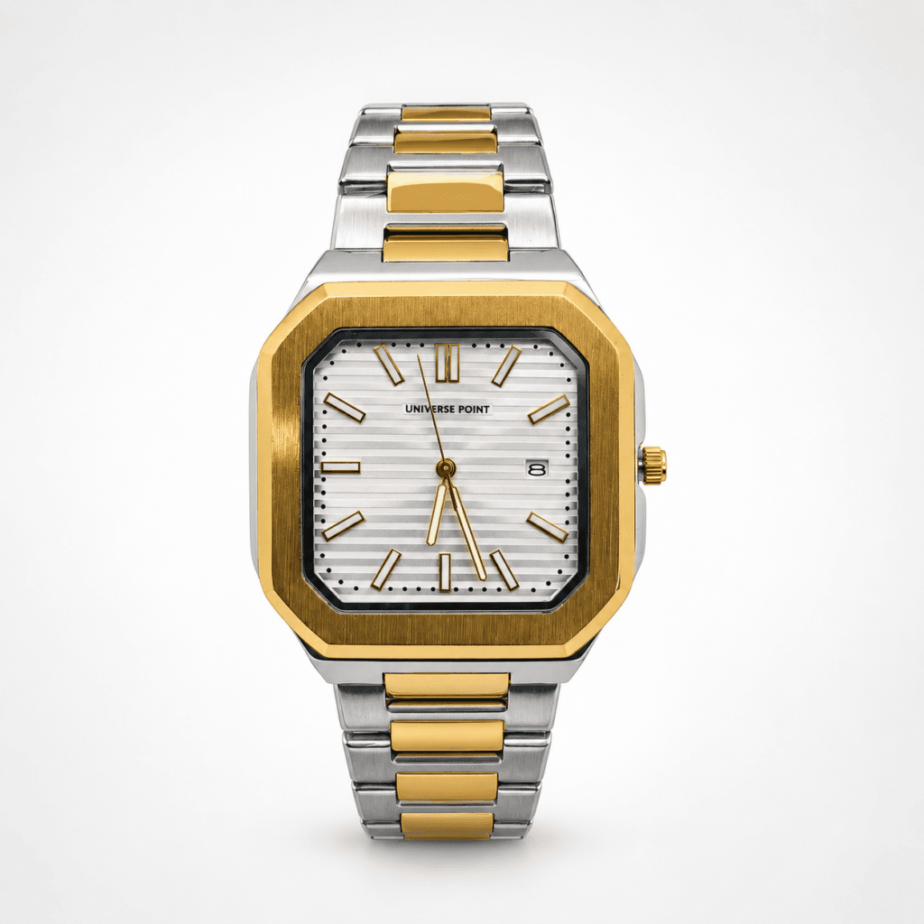 Universe Point Men’s Square Luxury Watch Two-Tone Gold & Silver Striped Silver Dial Premium Stainless Steel & Water Resistant