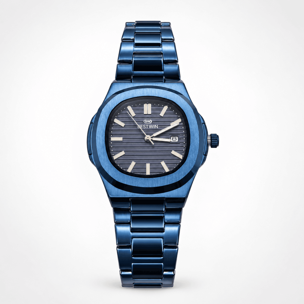Bestwin Men’s Luxury Blue Nautical Edition Deep Blue Textured Dial Matching Blue Stainless Steel Body Modern Octagonal Design Water Resistant