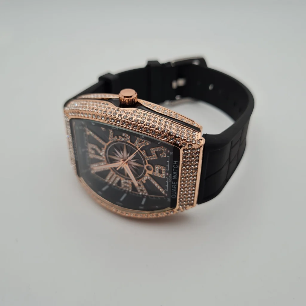 Strap Color: Midnight Black Strap Material: Flexible Silicone / Rubber Body Material: Stainless Steel Back with Alloy Crystal Bezel Water Resistance: Water Resistant