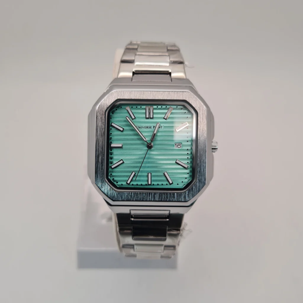 Universe Point Men’s Square Luxury Watch Tiffany Blue Dial Polished Silver Stainless Steel Modern Geometric Design Water Resistant