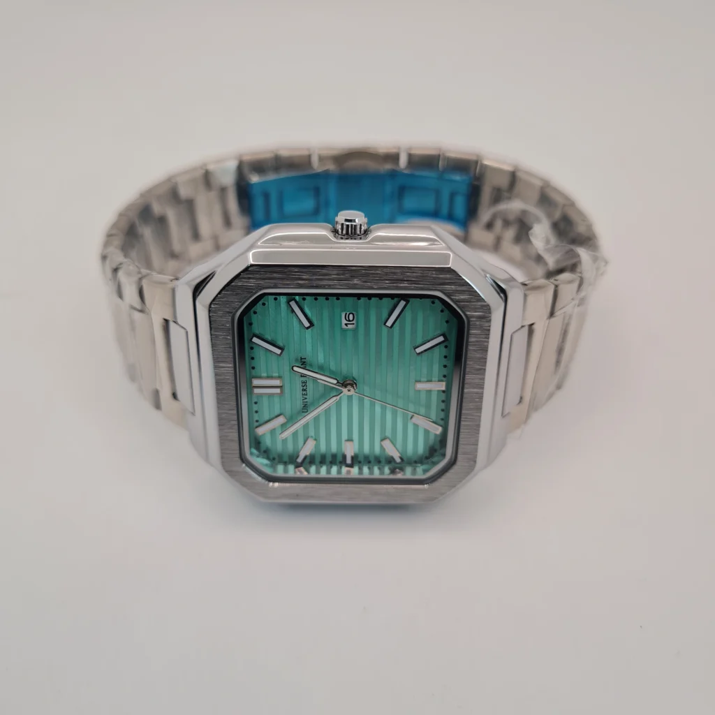 Universe Point Men’s Square Luxury Watch Tiffany Blue Dial Polished Silver Stainless Steel Modern Geometric Design Water Resistant