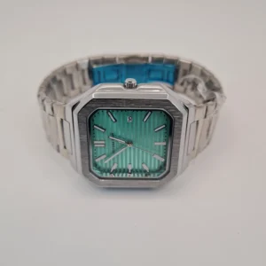 Universe Point Men’s Square Luxury Watch Tiffany Blue Dial Polished Silver Stainless Steel Modern Geometric Design Water Resistant