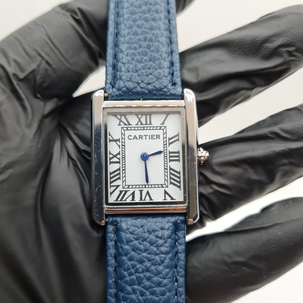 Cartier Tank Men’s Luxury Watch – Classic White Dial with Premium Blue Pebble-Grain Leather Strap