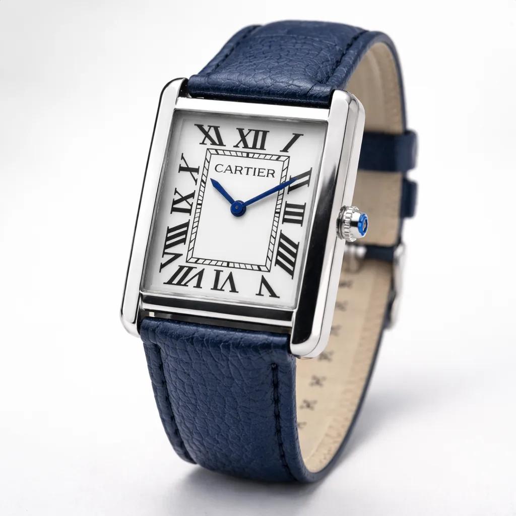 Cartier Tank Men’s Luxury Watch Classic White Dial with Premium Blue Pebble Grain Leather Strap