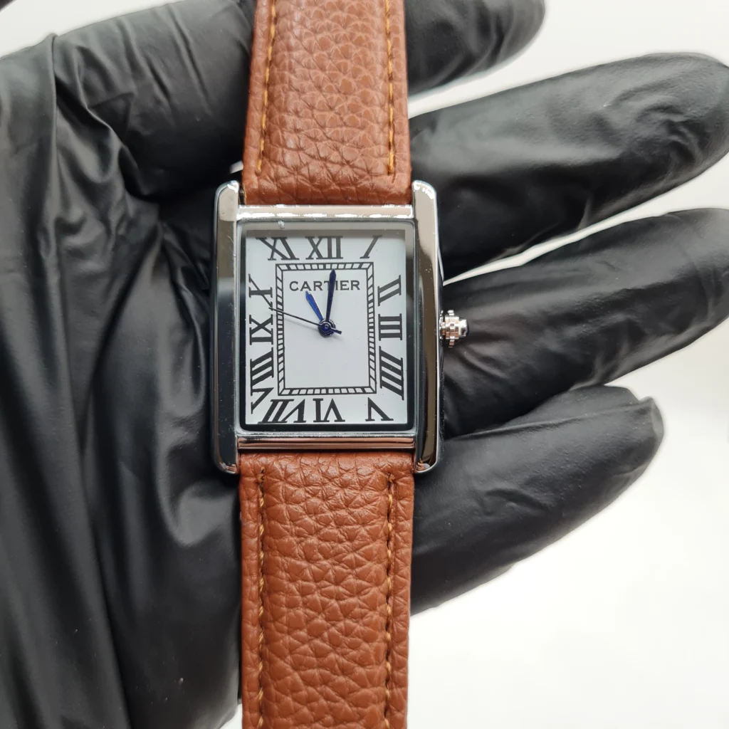 Cartier Tank Men's Luxury Watch Elegant White Dial with Premium Brown Pebble-Grain Leather Strap Polished Stainless Steel
