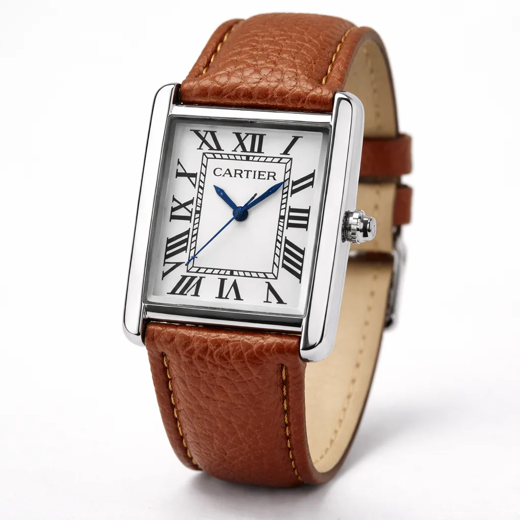 Cartier Tank Men's Luxury Watch Elegant White Dial with Premium Brown Pebble-Grain Leather Strap Polished Stainless Steel