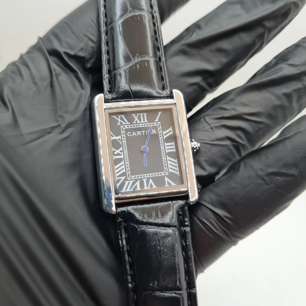 Cartier Tank Men’s Luxury Watch Sleek Black Dial with Premium Black Leather Strap Stainless Steel Case
