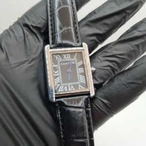 Cartier Tank Men’s Luxury Watch Sleek Black Dial with Premium Black Leather Strap Stainless Steel Case