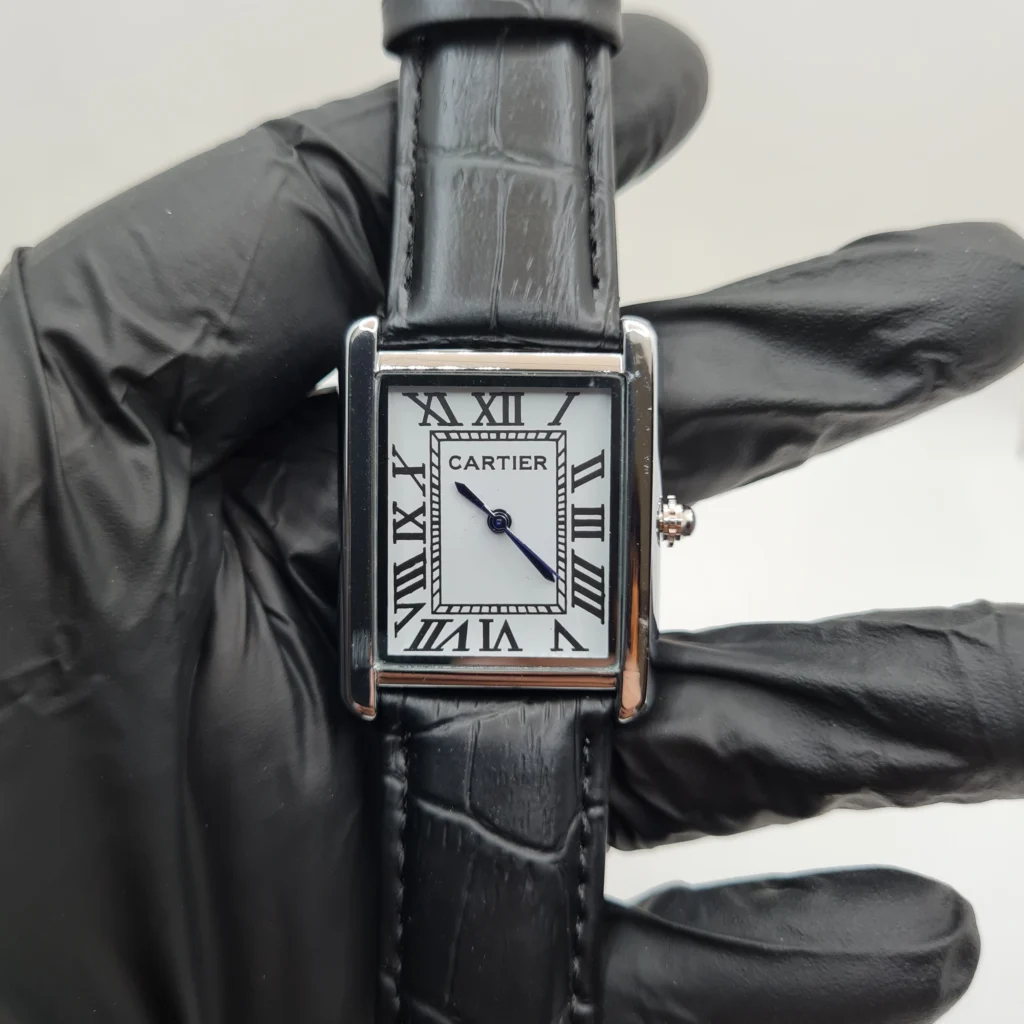 Cartier Tank Men’s Watch Luxury White Dial with Premium Black Leather Strap Polished Stainless Steel