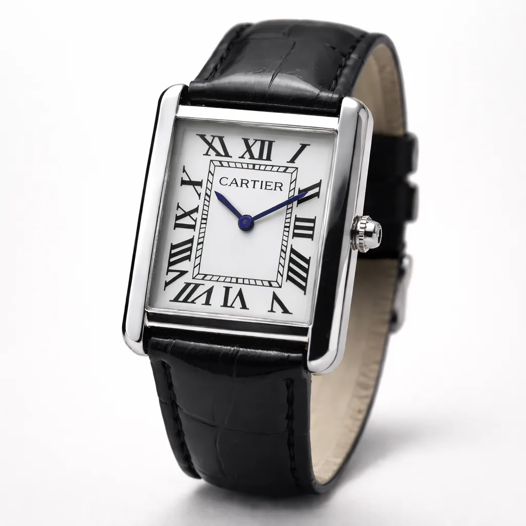 Cartier Tank Men’s Watch Luxury White Dial with Premium Black Leather Strap Polished Stainless Steel